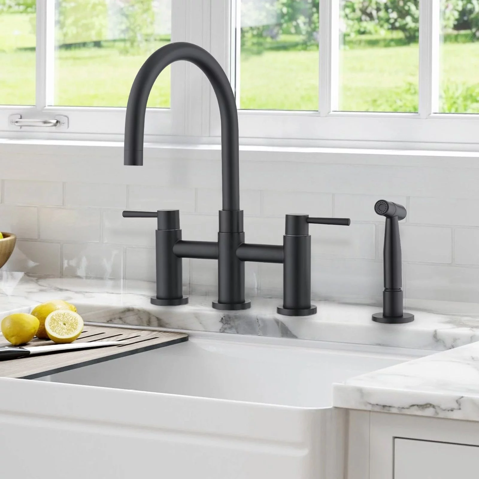 Double Handle Bridge Kitchen Faucet with Side Spray Matte Black