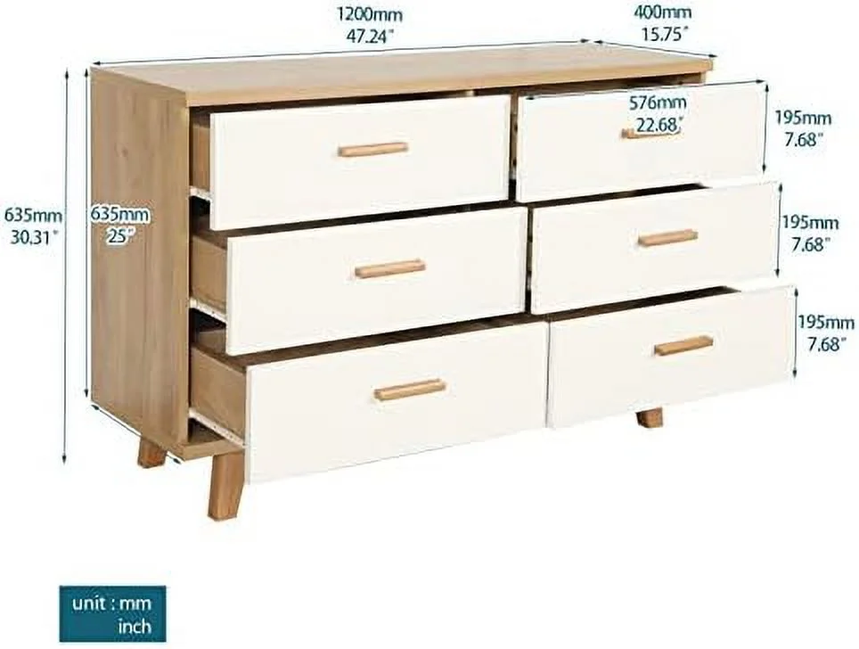 MQLIFEBOOM Mid Century Modern Wood Dresser Bedroom  Drawer Organizer Closet with Solid Wood Handles and Feet  6-Drawer Double Dresser Clothes  Cabinet for Hallway Living Room Bedroom