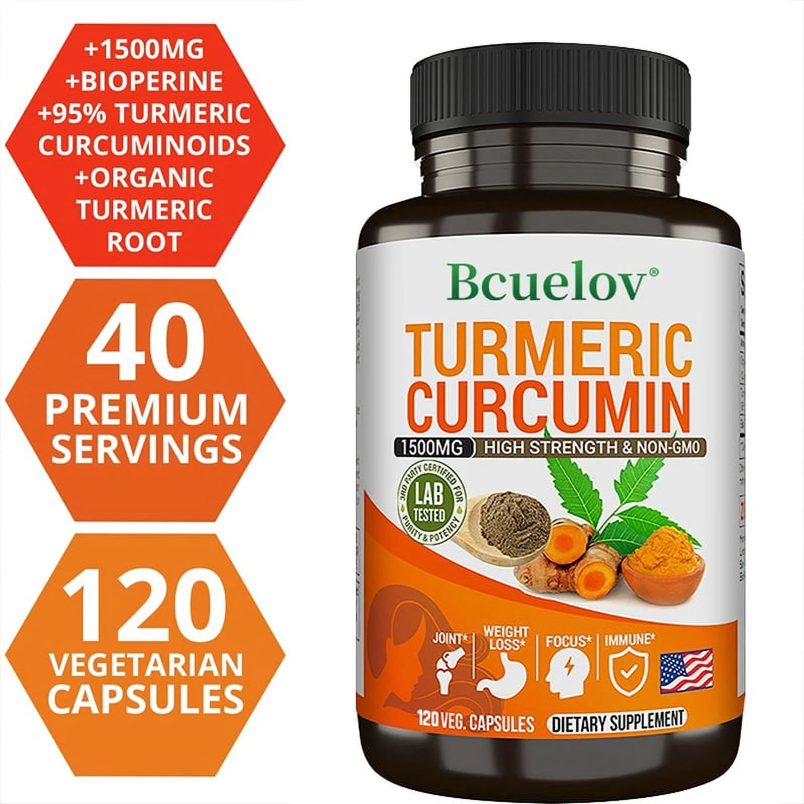 Bcuelov Turmeric & Curcumin Capsules 1500 mg - Natural joint support with ultra-high absorption and potency - Non-GMO - Gluten-free