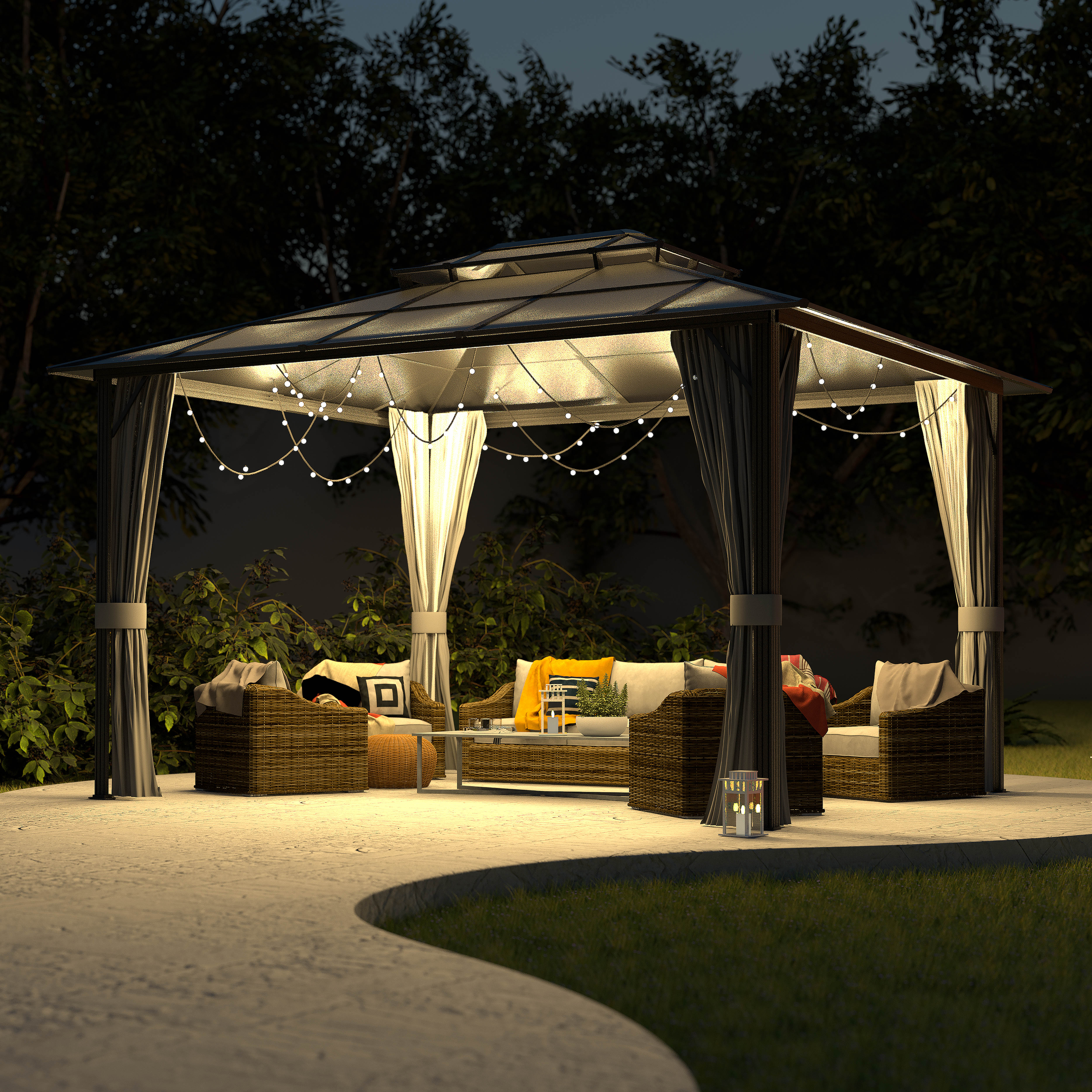 VEIKOUS 10ft x 13ft Outdoor Double Roof Gazebo w/ Netting & Curtains - Aluminum Frame Permanent Pergola for Garden Patio Lawns Parties