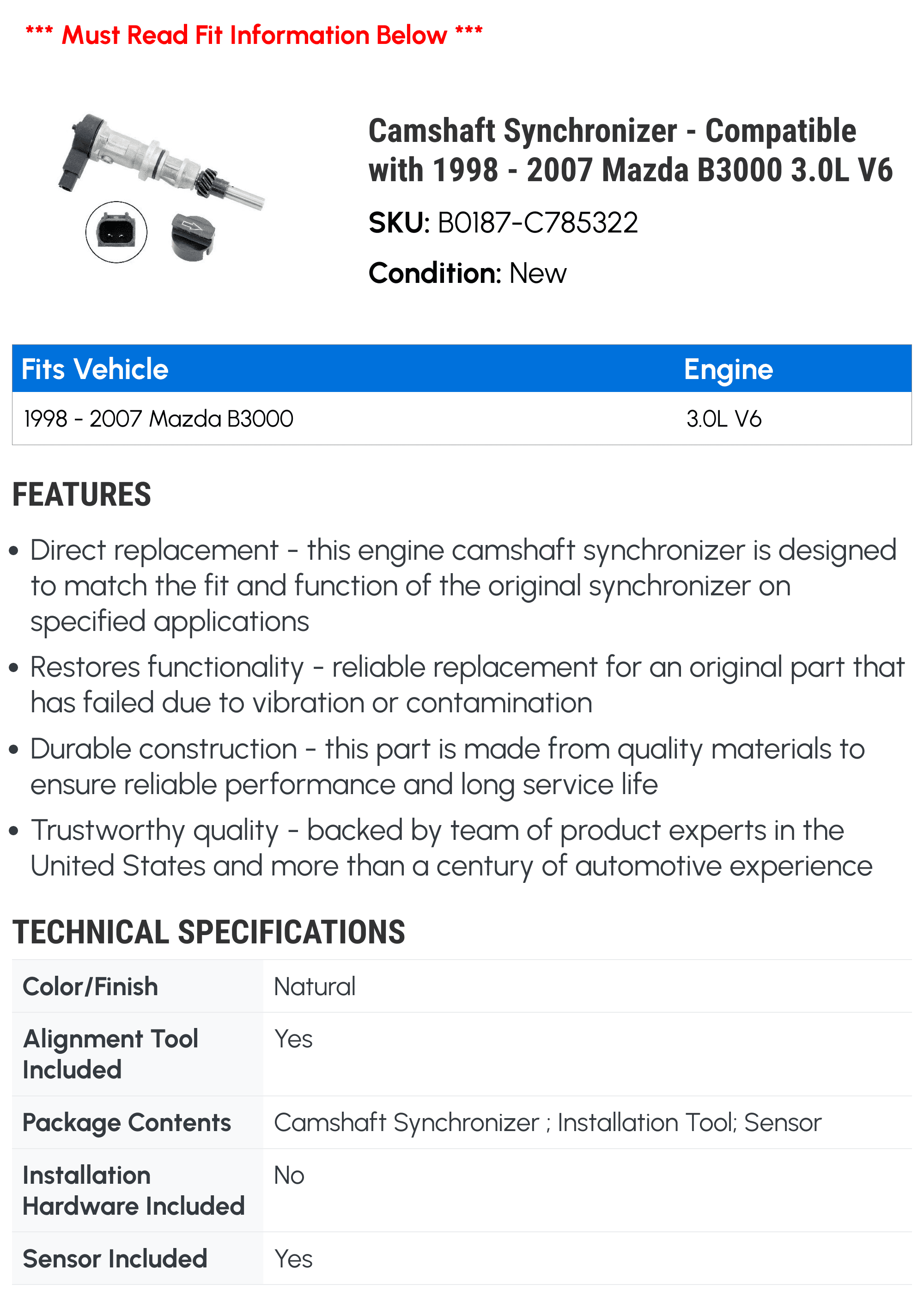 Camshaft Synchronizer - Compatible with 1998 - 2007 Mazda B3000 3.0L V6 1999 2000 2001 2002 2003 2004 2005 2006