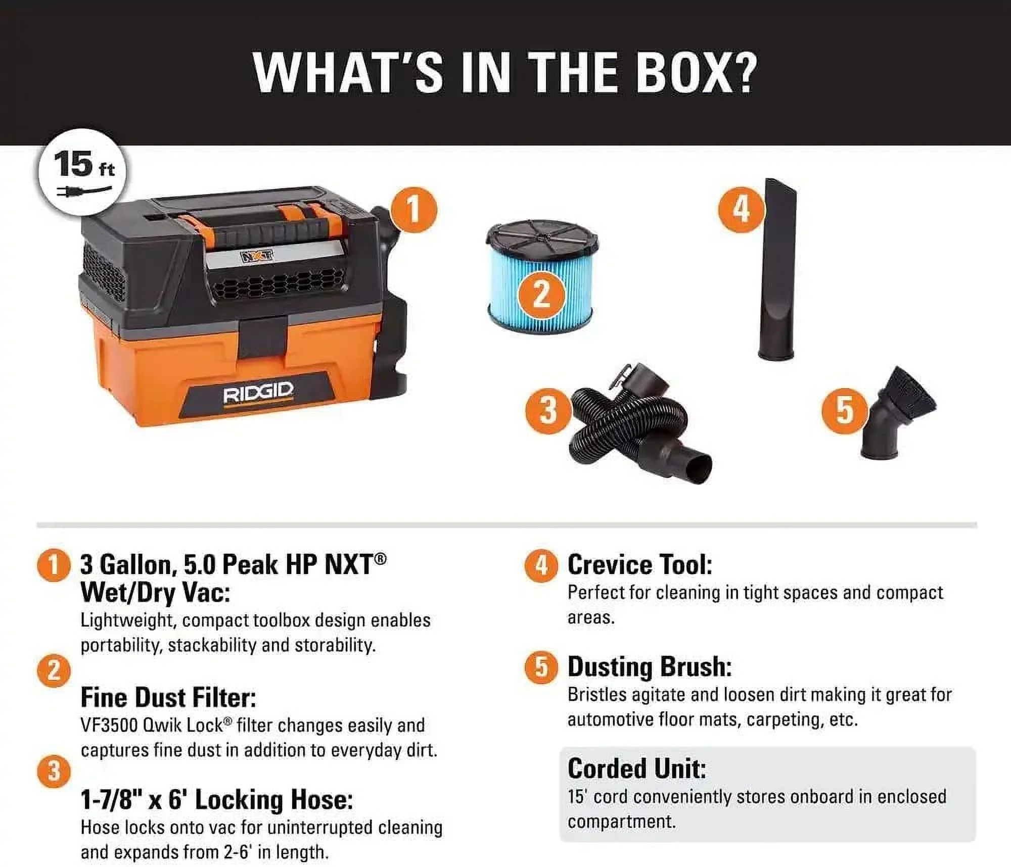 Ridgid HD0300 3 Gallon 5.0 Peak HP NXT Wet/Dry Shop Vacuum