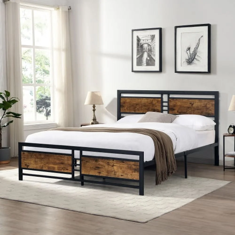 DremFaryoyo Full Size Metal Platform Bed Frame with Wood Headboard and Footboard  Heavy Duty Mattress Foundation with Slat Support  Easy Assembly  Noise-Free  No Box Spring Needed
