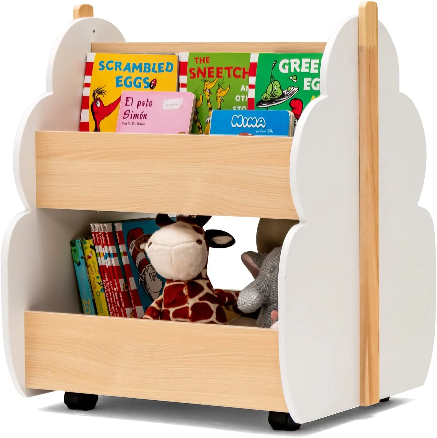 Kids Wooden Bookshelf w/Universal Wheels, 2-Tier Storage Shelf Book Rack, Toddler Bookcase Toy Organizer for Playing Room, Classroom, Kindergarten