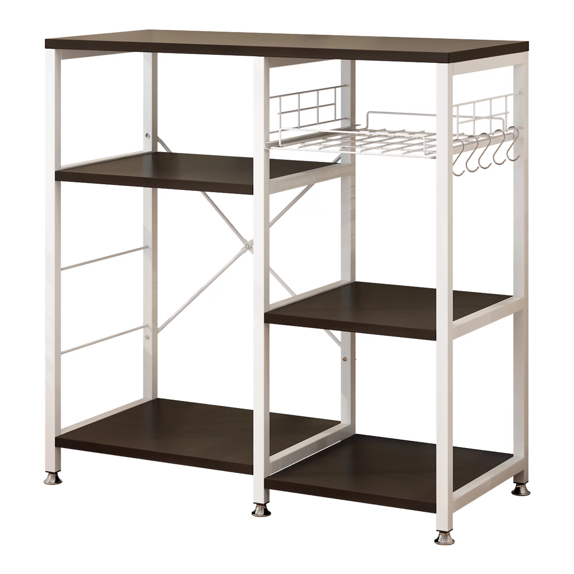 Winado 5 Tiers Vintage Kitchen Baker's Rack Microwave Oven Stand with Kitchen Storage Shelf Rack Hooks, Dark Brown and Metal Frame