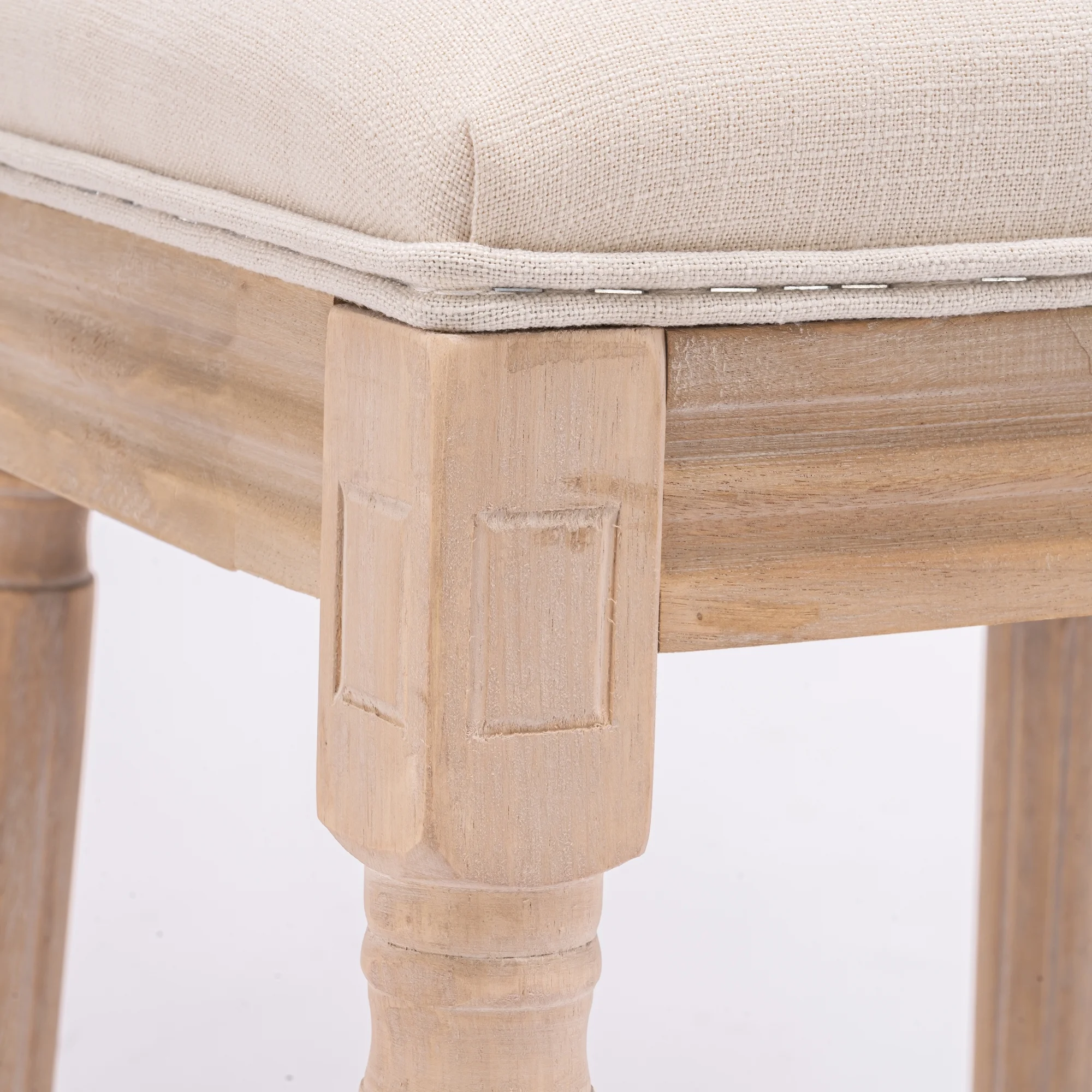 French Style Solid Wood Frame Antique Painting Linen Fabric Square Rattan Back Dining Chair,Set of 2,Cream