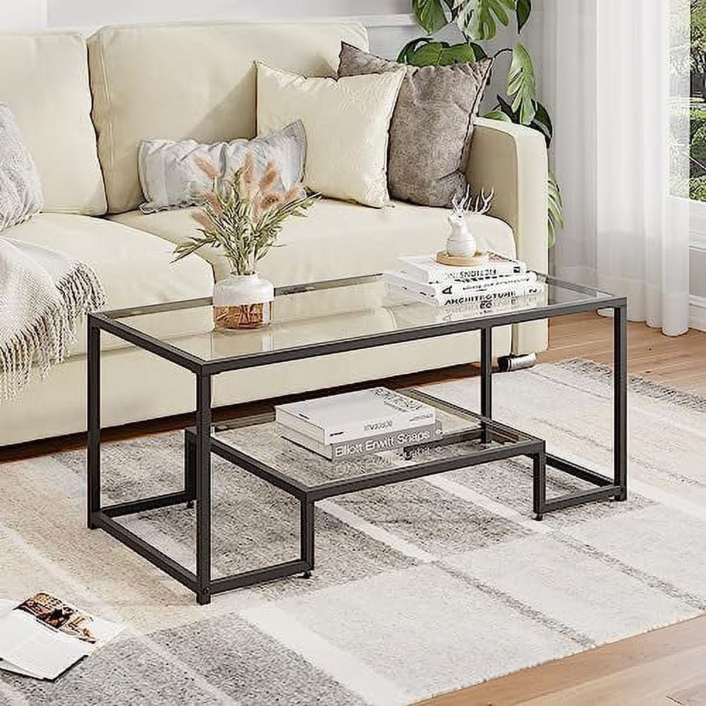 TQNJYGX 45\u201D Glass Coffee Table  2-Tier Rectangular Accent Table with   & Golden Metal Frame  Modern Center Tea Table for Living Room Home Office (Gold)