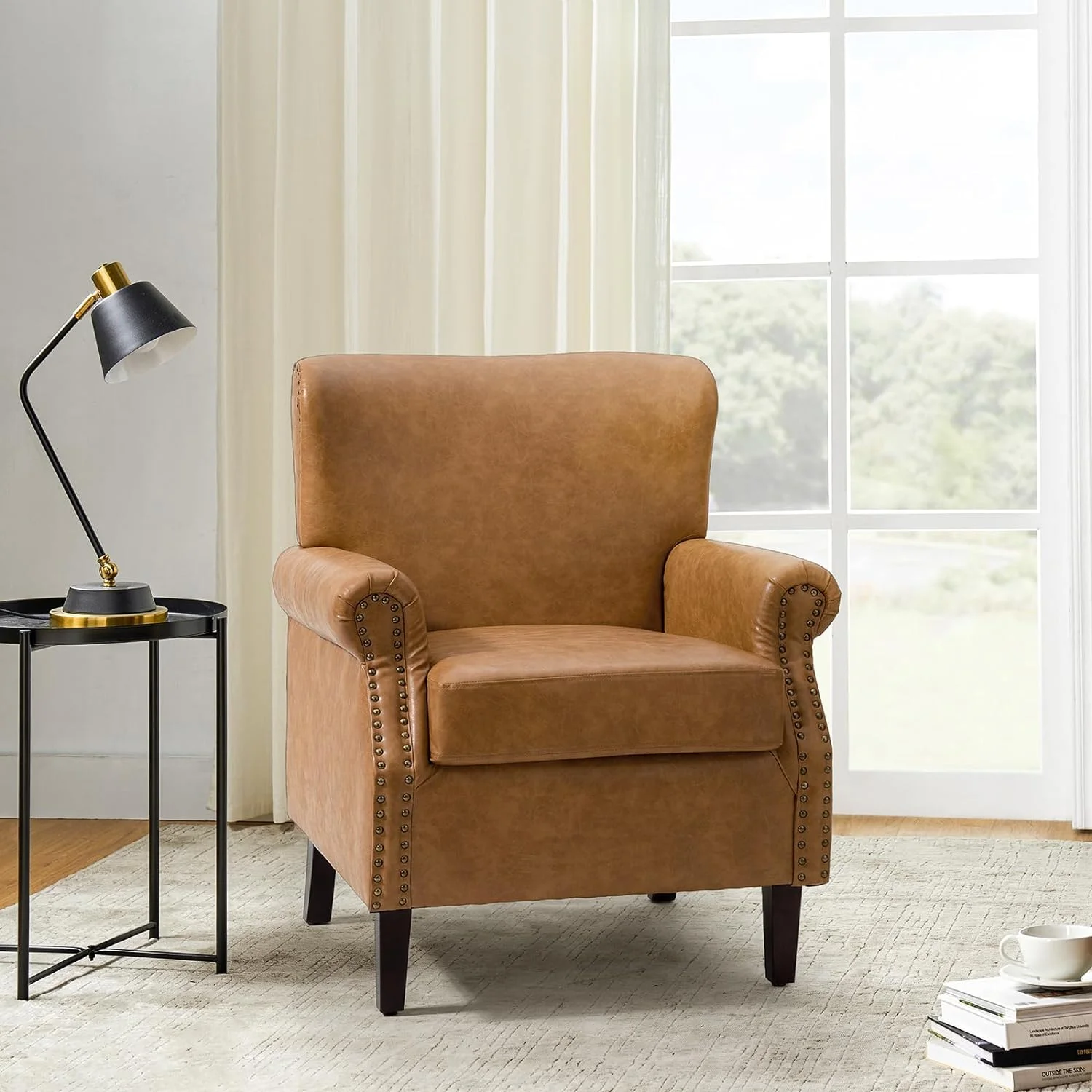 Faux Leather Accent Chair With Rolled Armrests & Nailhead Trim, Comfy Upholstered Living Room Armchair With Removable Cushion, Traditional Single Sofa Chair For Bedroom Office, Camel