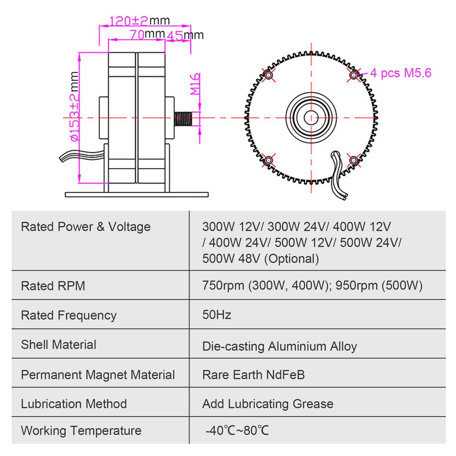 500W 48V Three-phase AC Permanent Magnet Generator Mini High Efficiency 950RPM Low Speed Wind Generator Motor AC Alternator for Wind Generators DIY