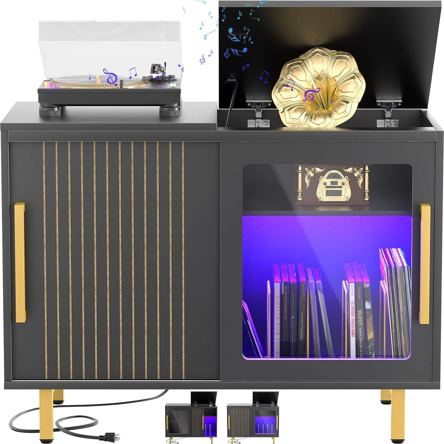 Flippable Record Player Stand, Mid-Century Album Storage Cabinet with LED Light Up to 300 Albums, 39.4'' Vinyl Record Stand, Slide Stereo Console with 2 Reversible Doors for Bedroom, Black