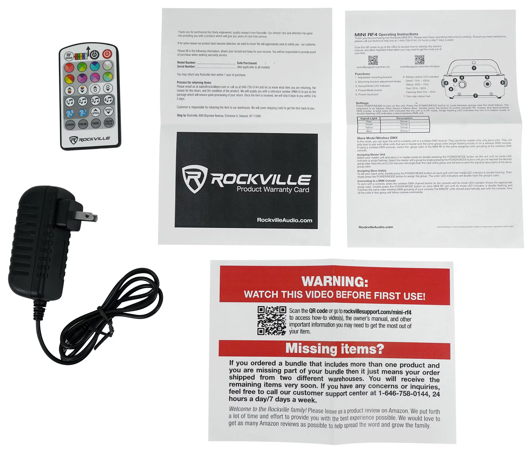 (3) Rockville MINI RF4 RGBWA+UV DMX DJ/Party LED Wash Lights+4-Ch. RF Par Remote