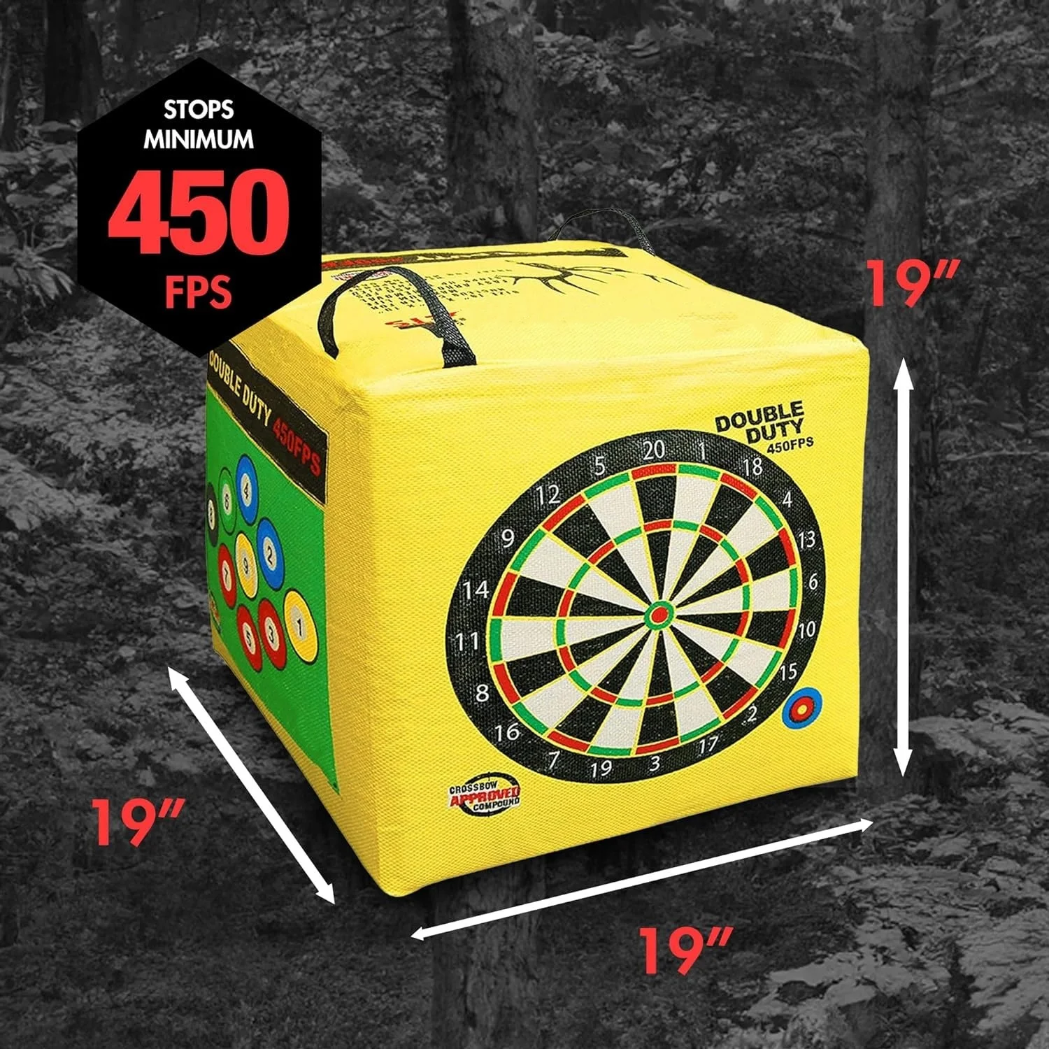 Double Duty 450 FPS Cube Field Point Archery Bag Target with Traditional Bullseyes, Nine-ball, Dartboard Game, and Deer Vitals, Yellow