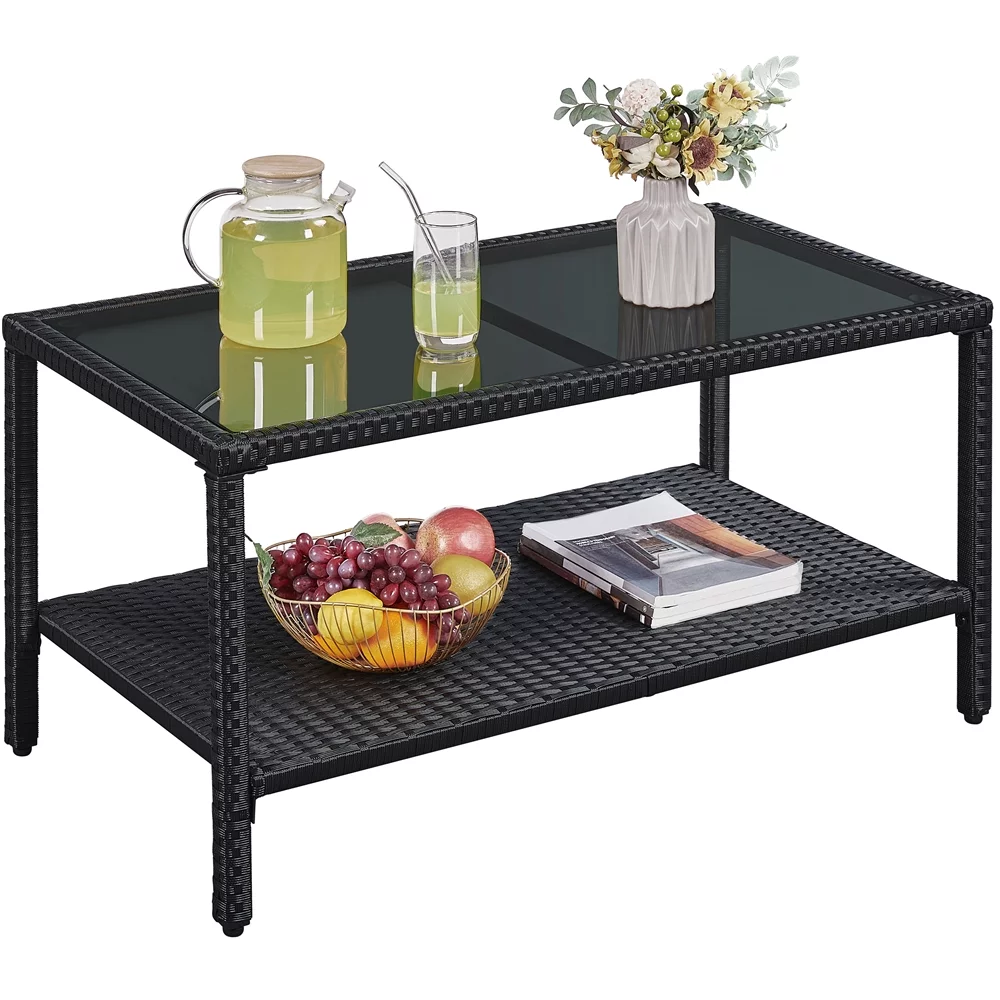 SMILE MART Wicker Rectangular Coffee Table with Tempered Glass Top for Outdoor, Gray