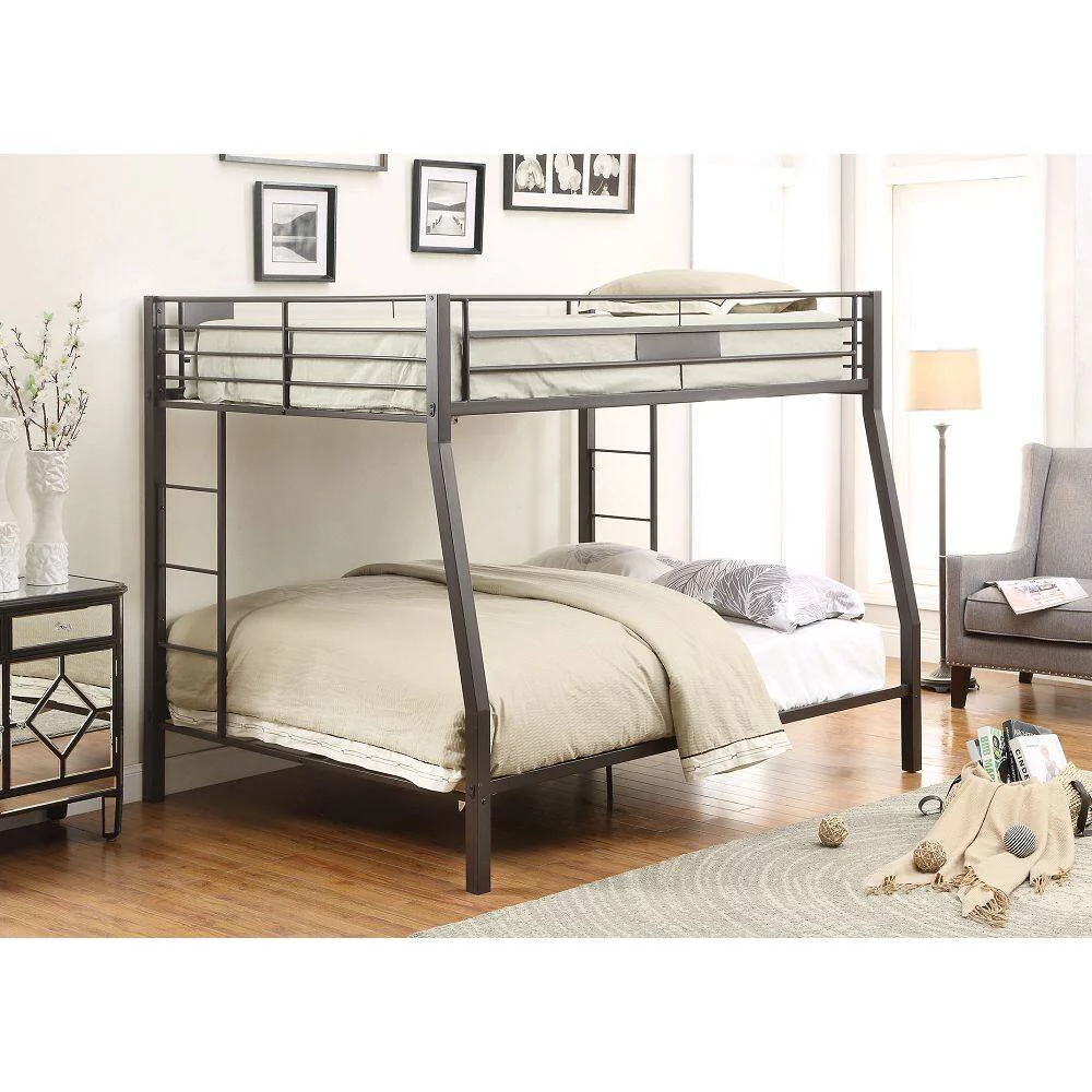 Full over Queen Bunk bed with Ladder and Guardrail in Sandy Black, Metal Frame, Space-Saving Design