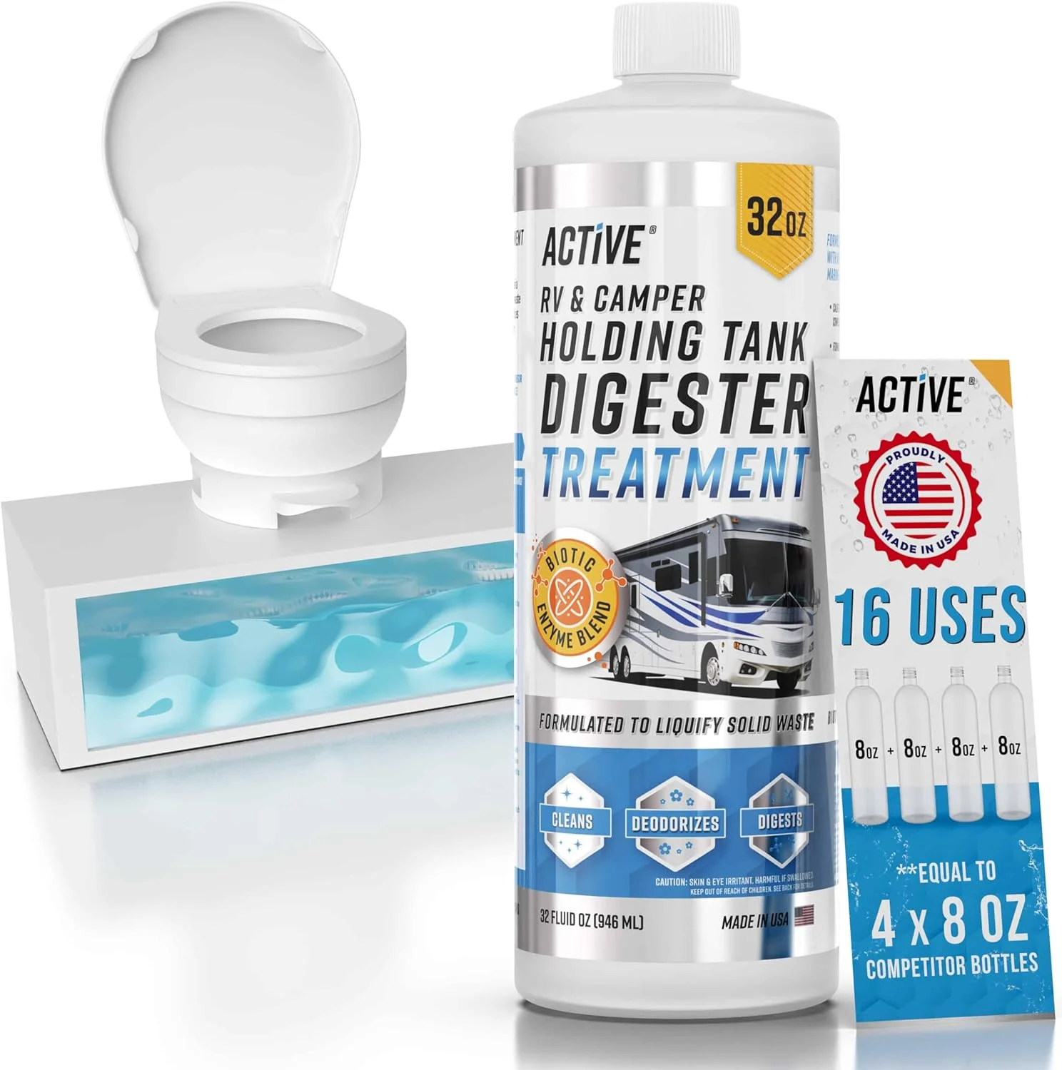 RV Black Tank Treatment Toilet Chemicals - 16 Treatments Waste Digester for Holding Tank, Gray Water Tank in RVs, Campers & Boat - Camper Toilet Sensor Cleaner, Sewer Deodorizer, 32oz - Made in USA