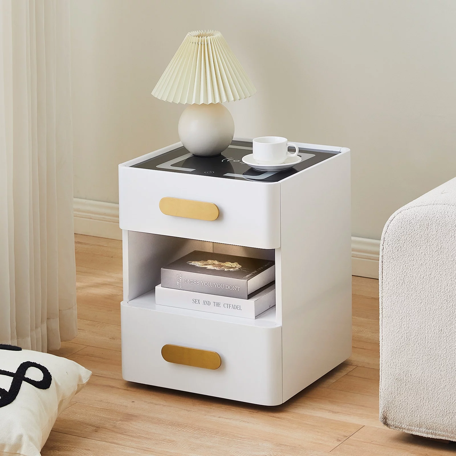 Clipop Set of 2 Nightstand with Wireless Charging Station and LED Light, 2 Drawers, High Gloss End Side Table for Bedroom,White