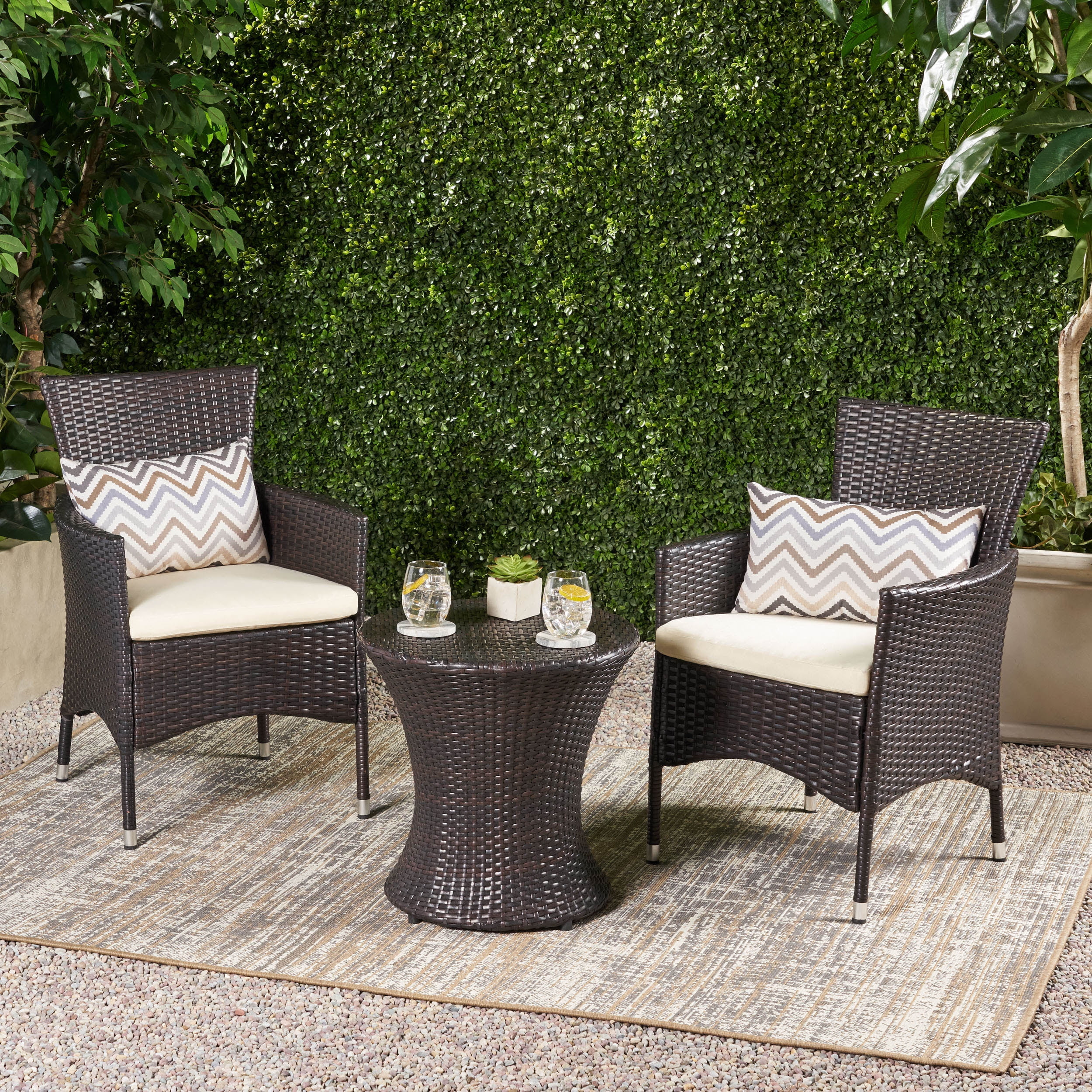 Polina Outdoor Wicker 3 Piece Chat Set with Cushions, Multibrown, Beige