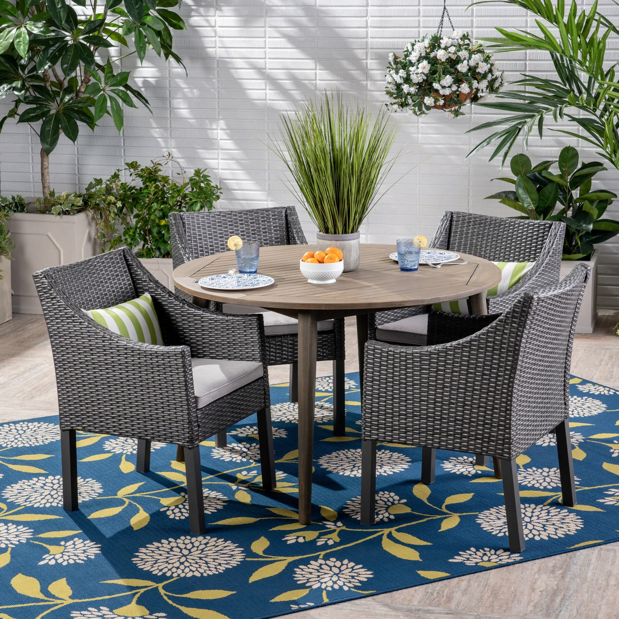 Shipp Outdoor 5 Piece Wood and Wicker Dining Set