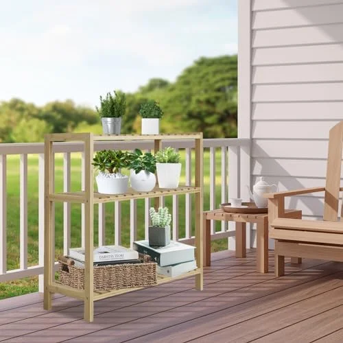 TJRUOPG Ladder   3-Tier Wooden Plant Shelves  Rustic Flower Display Rack  Freestanding  Rack  Indoor Outdoor Flowerpot Stand Ladder for Living Room  Office  Bedroom  Balcony ()