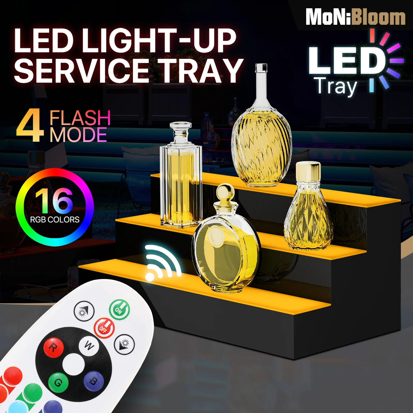 MoNiBloom LED 20 Color Changing Liquor Bottle Display Shelf 3 Step Acrylic Wine Racks for Home Bar, Illuminated Bar Bottle Lighting Shelves with Remote Control