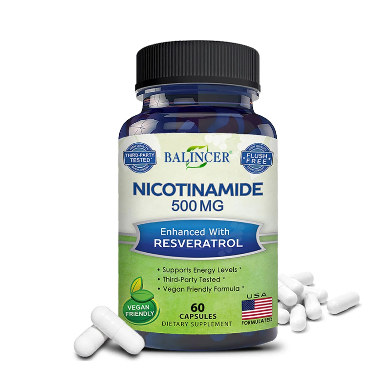 Balincer Niacinamide Vegan Capsules with Resveratrol - Vitamin B3 500 mg - Replenishes skin cell health and energy