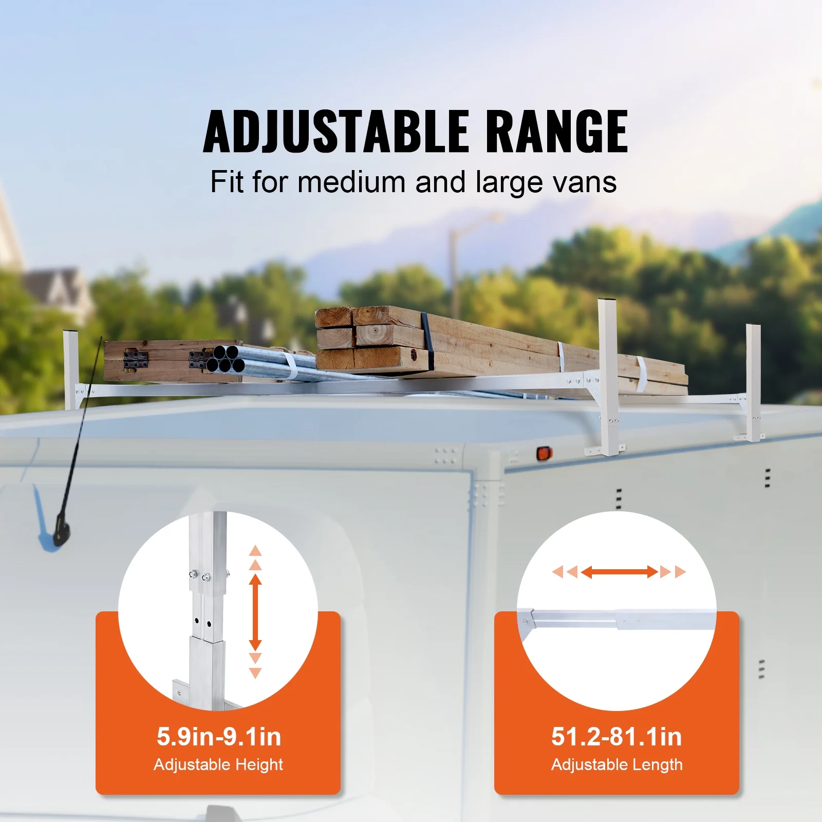 SKYSHALO 2 Bars Van Roof Ladder Rack 400 lbs Adjustable 51.2