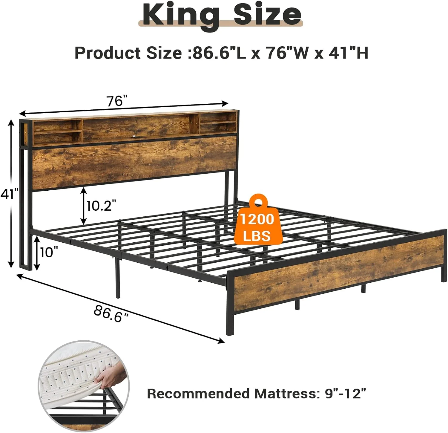 King Size LED Bed Frame with Storage Headboard, USB Ports & Charging Outlets, Industrial Metal Platform Bed, Upgraded 2-Row Support Bars, No Box Spring Needed, Vintage Brown&Black