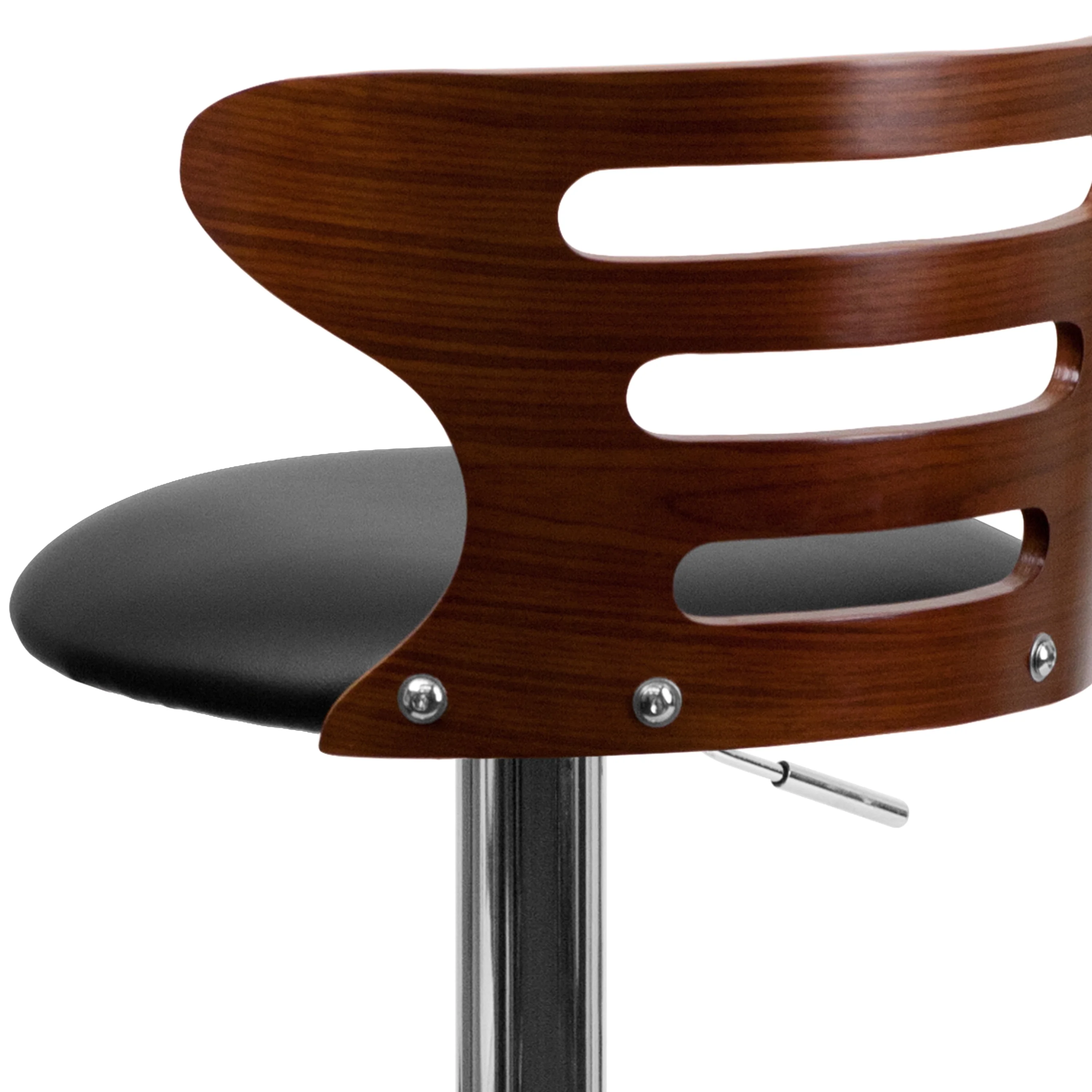 Flash Furniture Gallahan Walnut Bentwood Adjustable Height Barstool with Three Slot Cutout Back and Black Vinyl Seat