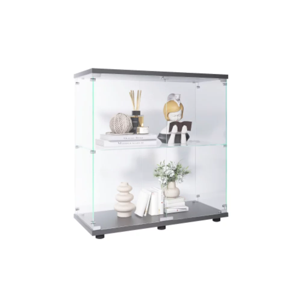 Two-door Glass Display Cabinet 2 Shelves with Door, Floor Standing Curio Bookshelf for Living Room Bedroom Office, 33.35