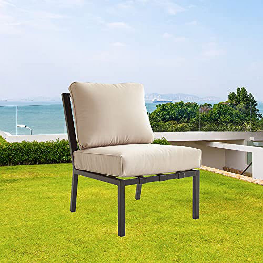 LOKATSE HOME Patio Dining Chair Modern Outdoor Single Sofa Armless Metal Bistro Cushioned Furniture for Porch, Deck, Garden, Poolside, Beige