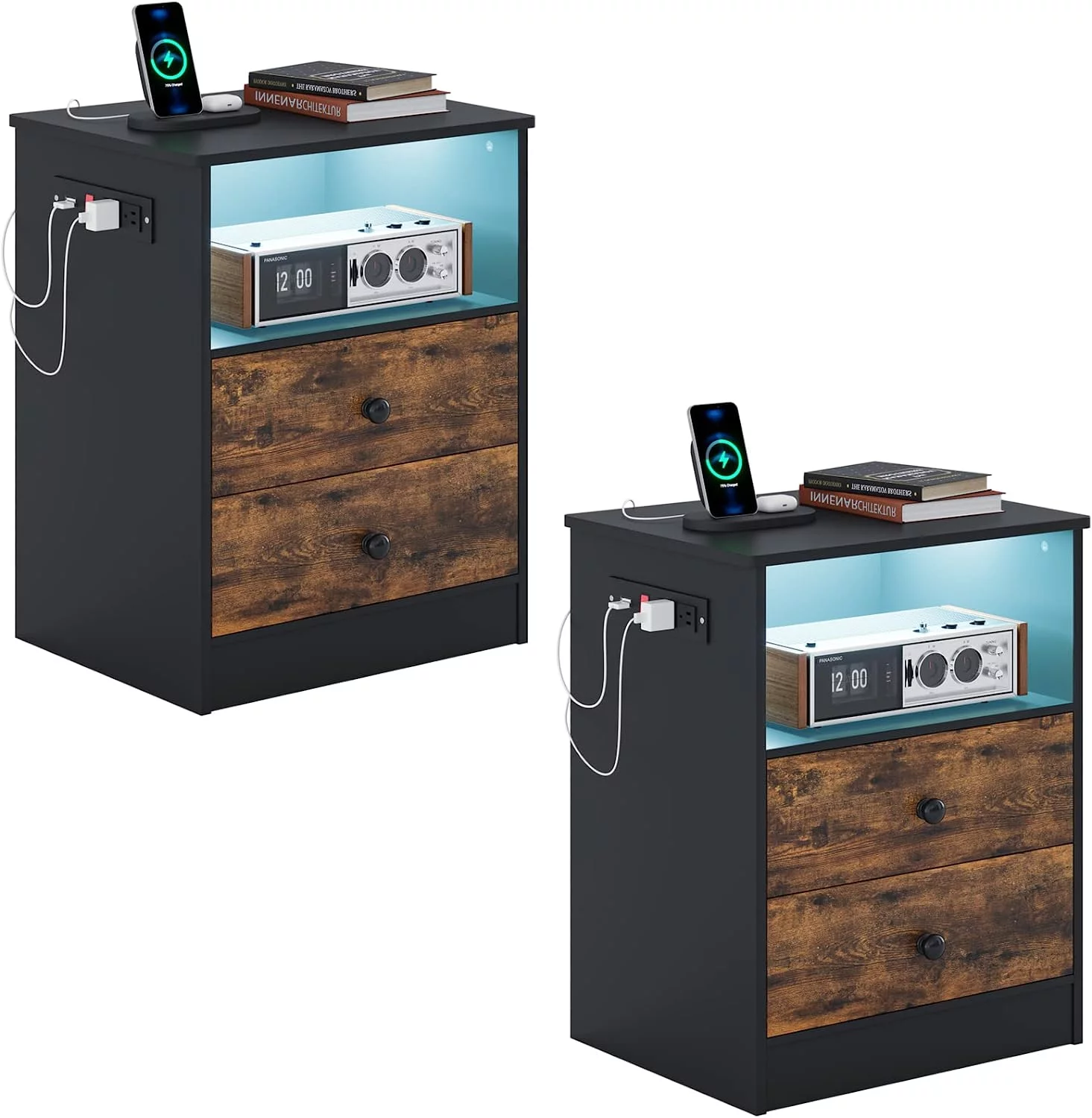 Set of 2 2 Drawers LED Light Nightstand with Charging Station, Storage Cabinet for Bedroom, Brown