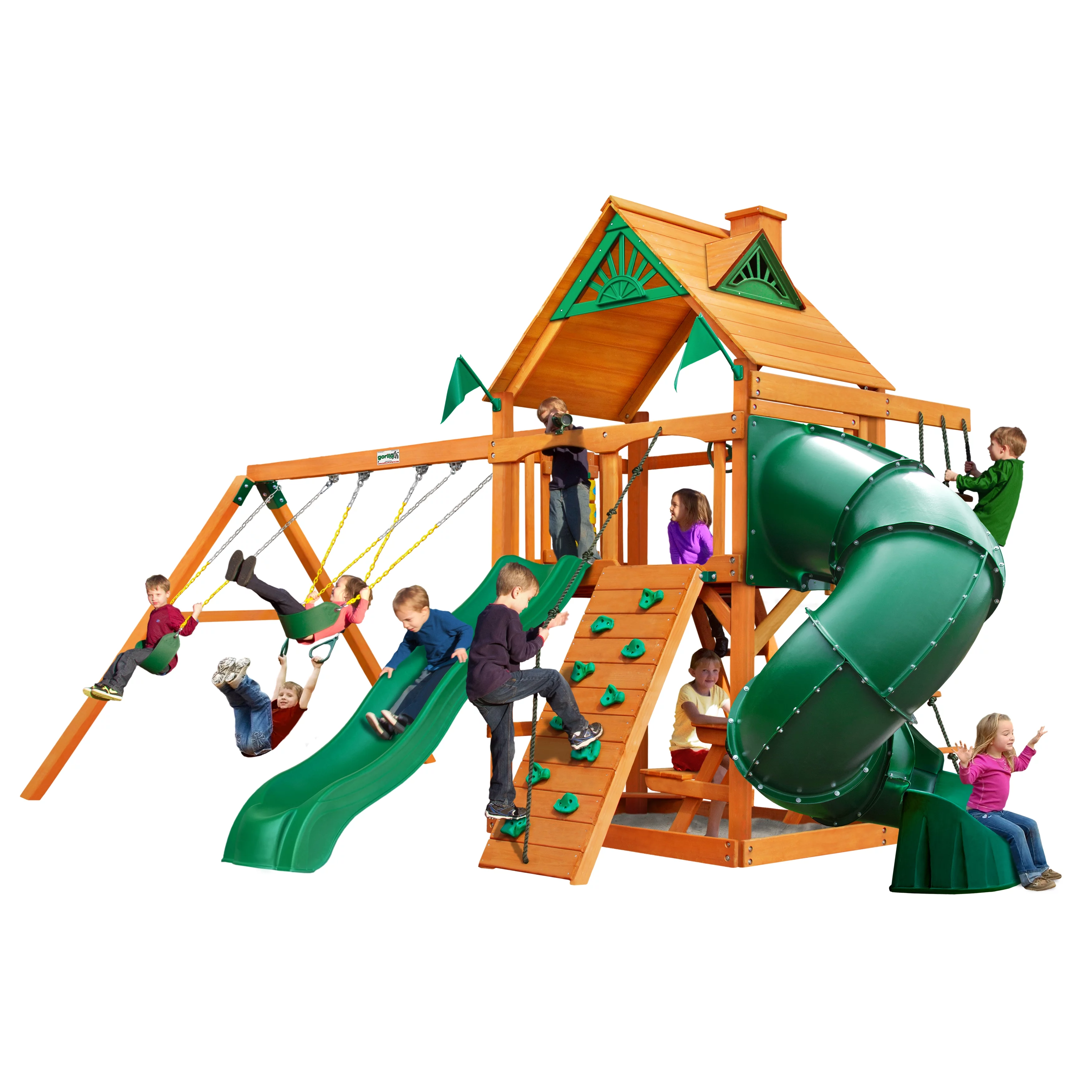 Gorilla Playsets Mountaineer Wooden Swing Set with Wood Roof, Extreme Tube Slide, and Built-in Picnic Table