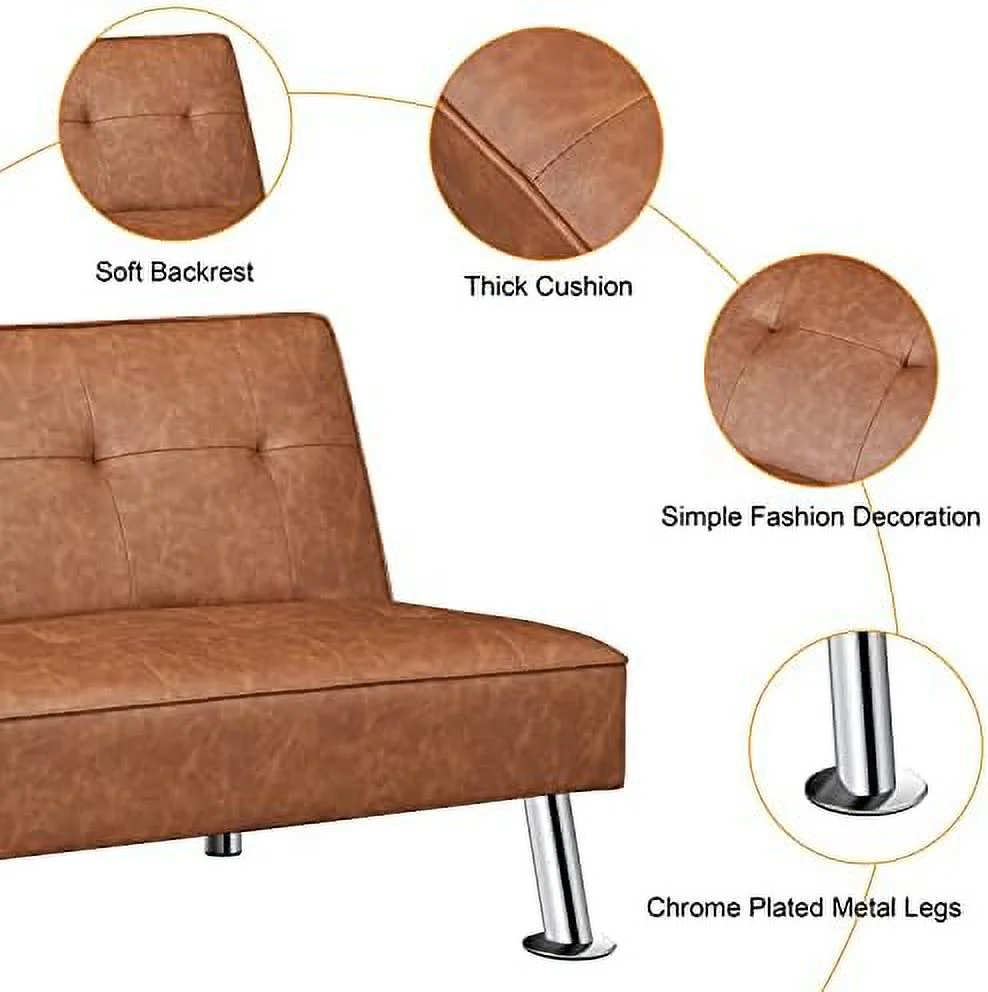 RSJIWOGZ Convertible Sofa Couch Futon Bed Faux Leather Sofa Bed Sleeper Adjustable Loveseat Futon Couch Living Room  with Chrome Metal Legs  Brown