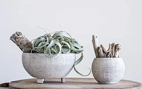 Distressed Cream Terracotta Planter with Fluted Texture