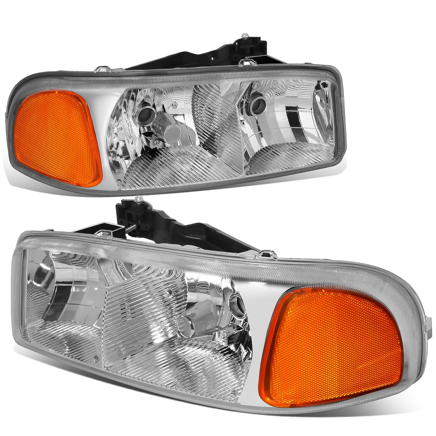 DNA Motoring HL-OH-SIE99-CH-AM For 1999 to 2007 GMC Sierra Yukon GMT800 OE Headlight Chrome Housing Amber Corner Headlamps 00 01 02 03 04 05 06