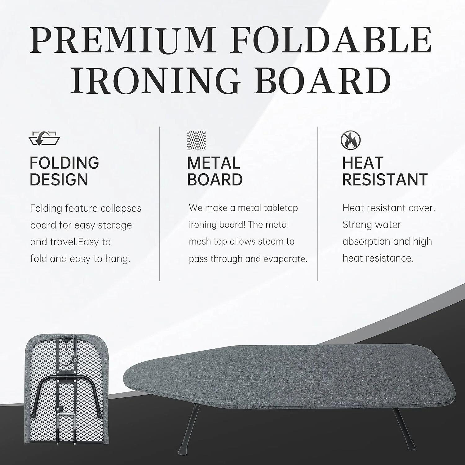 Metal Mesh Panel Tabletop Ironing Board , Foldable Iron Board , Heavy Duty Small Iron Board with Heat Resistant Cover and 100% Cotton 8mm Thicken Pad
