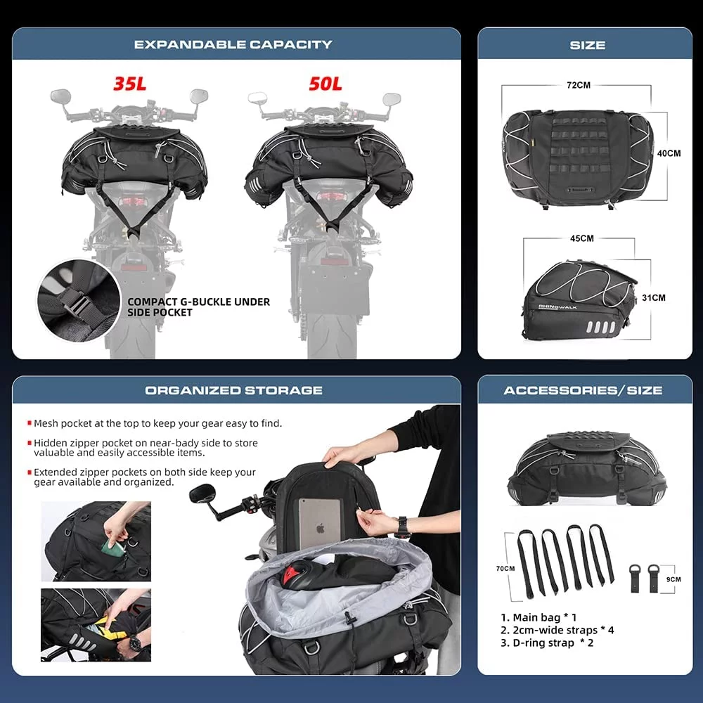 Rhinowalk Motorcycle Saddle Bags Motor Expandable Cargo Bag Powersports Rack Bag Trunk Luggage Bag 35L-50L, Black