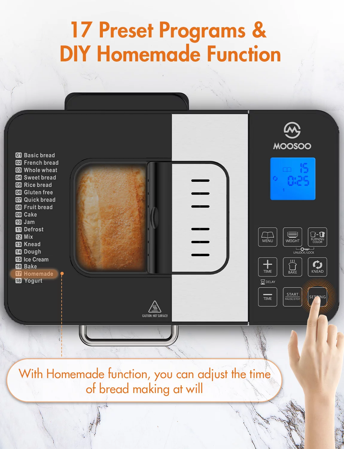 MOOSOO 18-in-1 Bread Machine 2LB Stainless Steel Programmable Bread Maker Machine with Gluten-Free Setting, Nonstick Ceramic Pot & Digital Touch Panel