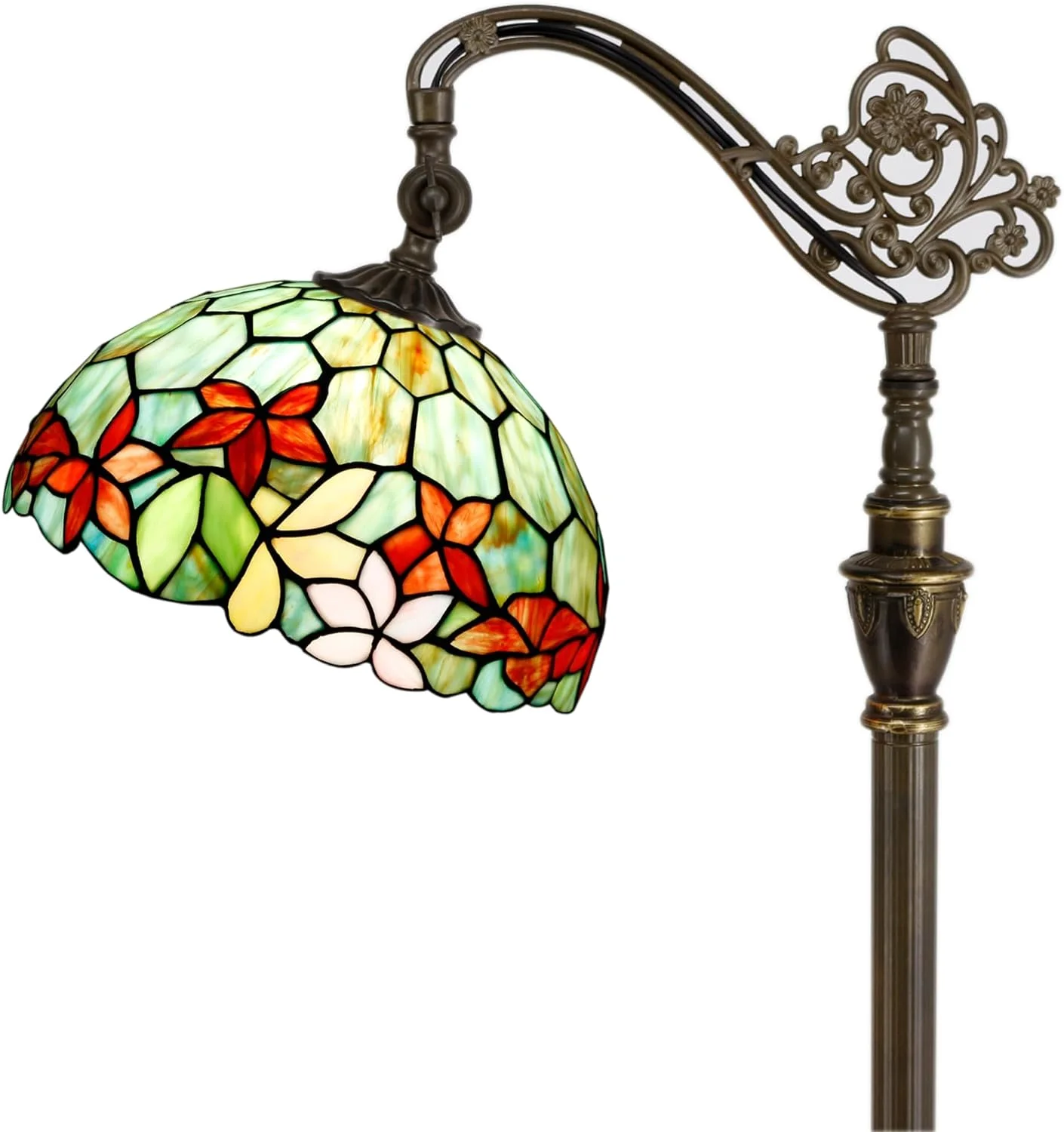 Tiffany Floor Lamp Stained Glass Lamp 18.88X12X67 Inch Angle Adjustable Arched Gooseneck Antique Reading Light (Red Green Flowers)