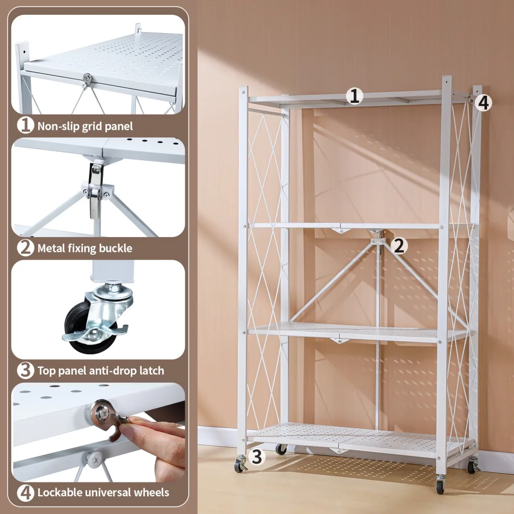 HOYRR Portable White Storage Shelves with Wheels Heavy Duty Metal Rack Shelf for Garage Kitchen 4-Tier Foldable Shelving Unit Unit for Garage Kitchen, Basement, Pantry, White