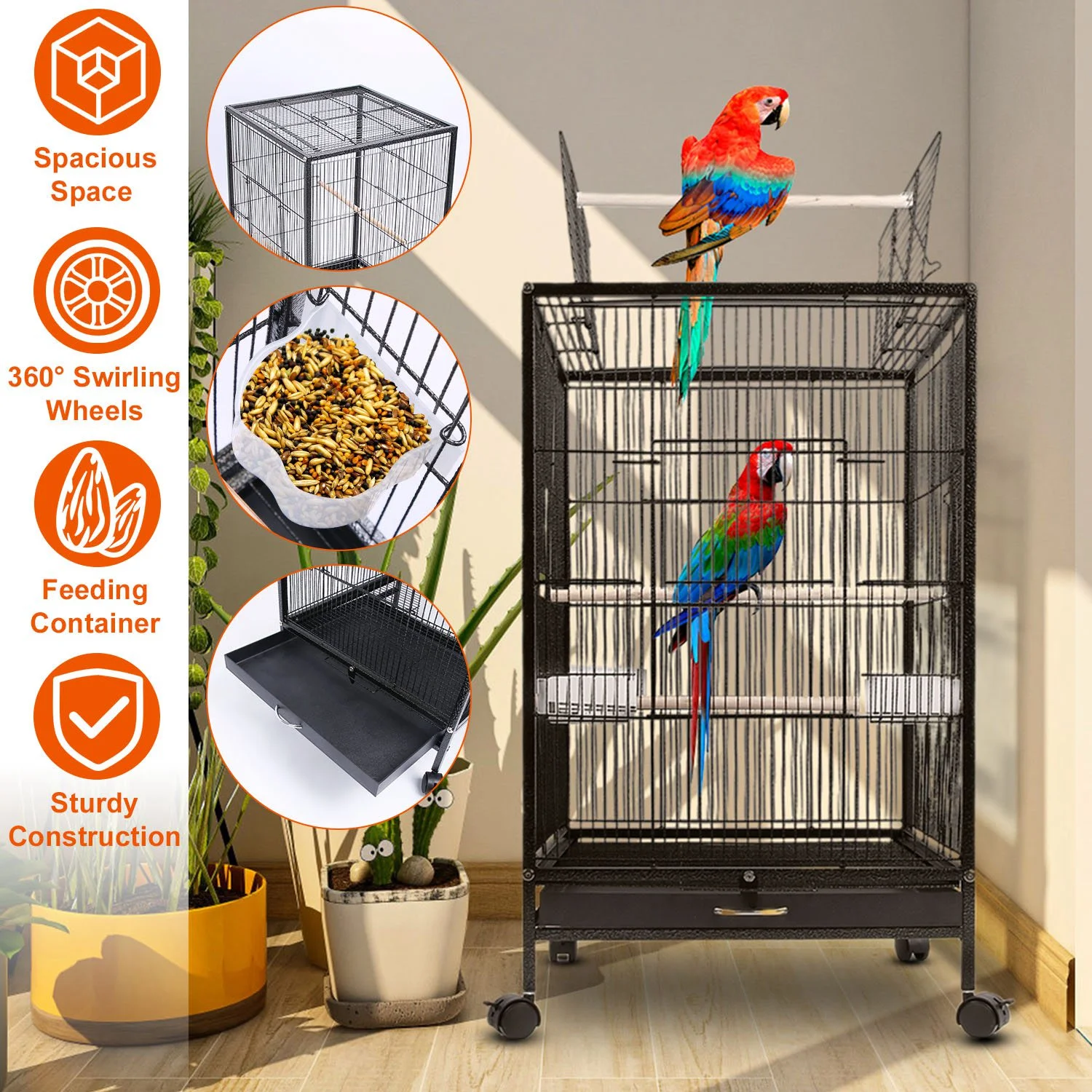 30.31In Height Wrought Iron Bird Cage with Wheels iMounTEK Large Standing Top Opening Bird Cage for Parrots Conure Lovebird Canaries Black
