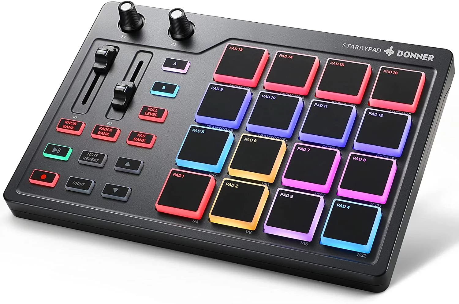 Donner MIDI Pad Beat Maker Machine Professional, Drum Machine with 16 Beat Pads, 2 Assignable Fader & Knobs and Music Production Software, USB MIDI Controller with 40 Free Courses, STARRYPAD