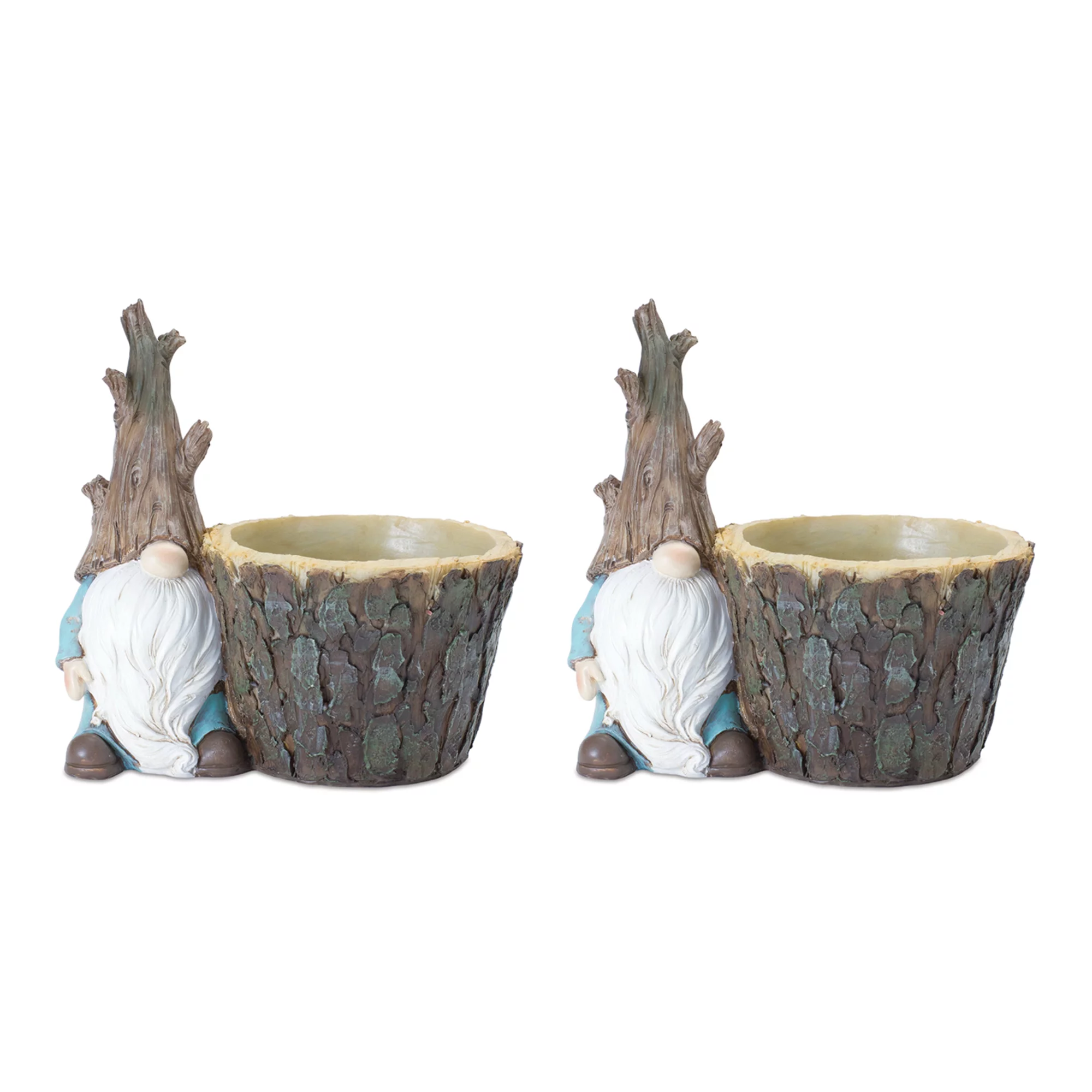 Melrose Set of 2 Brown and Blue Tree Trunk Gnome Planters 6.75