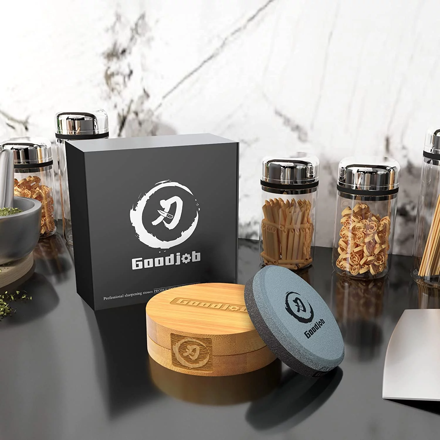 Goodjob Multi-Purpose Puck/Disk Hatchet & Axe Sharpening Stone, Dual Grit 150&320, 3.9 IN Large Whetstone, Easy to Master, Blade&Garden Tool Sharpener Stone,With Magnetic Bamboo Box