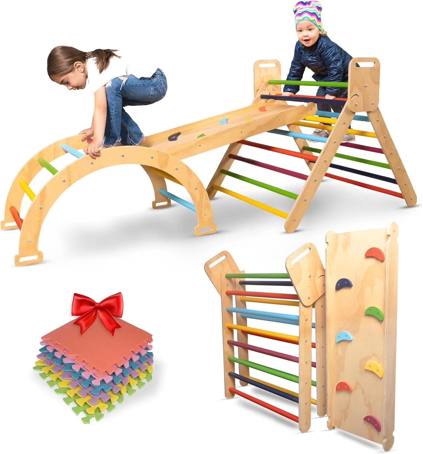 Pikler Triangle Set Large 5-1 with Colorful Foam Play Mats for Kids, Montessori Foldable Toddler Rainbow Climbing Toys Indoor Outdoor with Ramp & Slide, Durable Jungle Gym for Kids with Arch