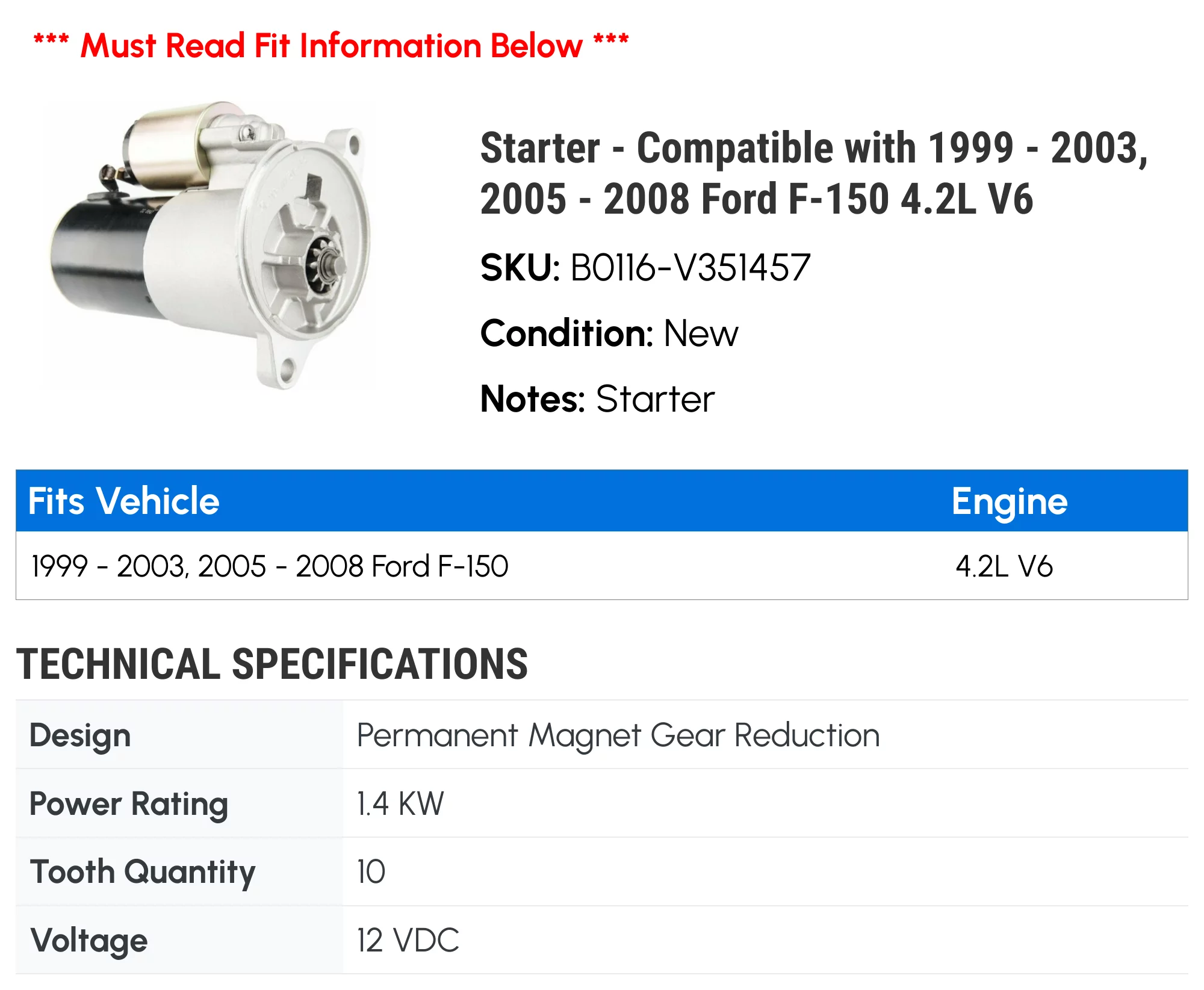 Starter - Compatible with 1999 - 2003, 2005 - 2008 Ford F-150 4.2L V6 2000 2001 2002 2006 2007