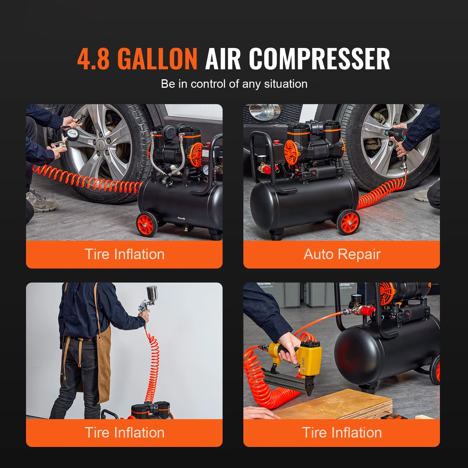 SKYSHALO 4.8 Gallon Air Compressor, 1.2HP 2.2 CFM@90PSI Oil Free Air Compressor Tank & Max. 116PSI Pressure, 70 dB Ultra Quiet Compressor for Auto Repair, Tire Inflation