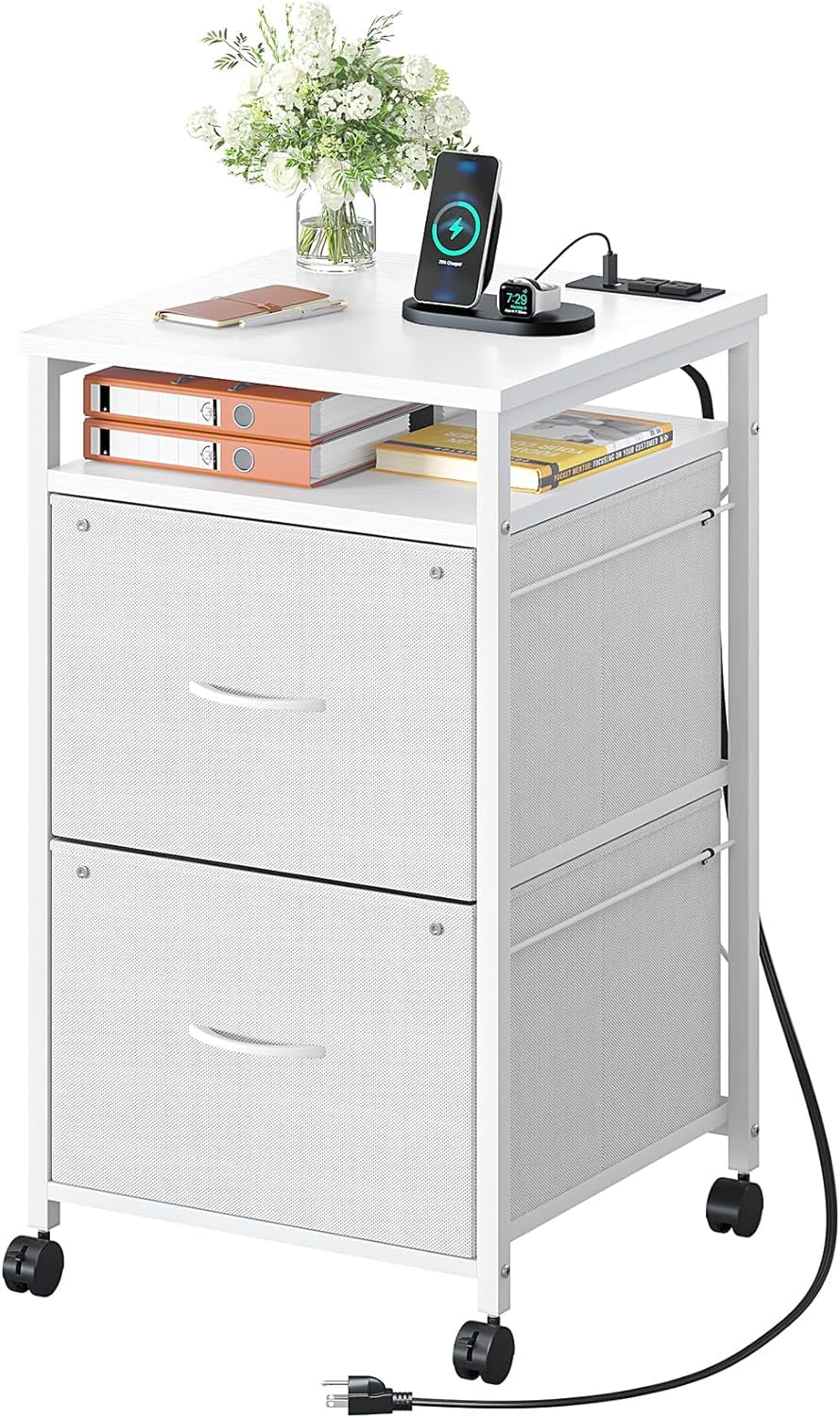 U-SHARE File Cabinet, Fabric Filing Cabinet with Socket & USB Charging Port, Vertical Rolling Printer Stand with 2 Drawers, Mobile Filing Cabinet with Open Shelf, A4 or Letter Size, for Home Office