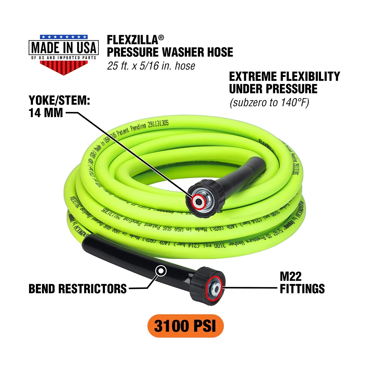 Flexzilla® Pressure Washer Hose, 5/16 in. x 25 ft., 4000 PSI, M22 Fittings, ZillaGreen®