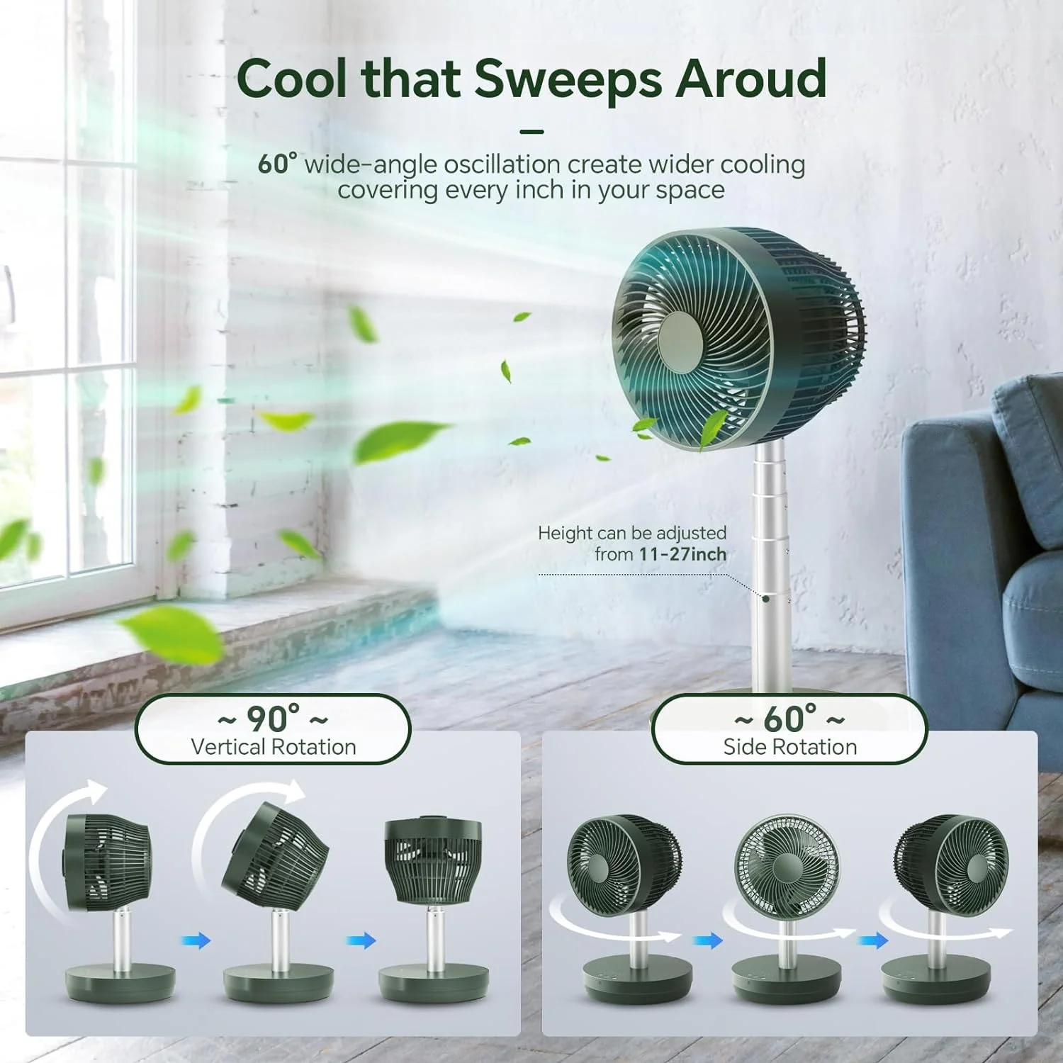 Pedestal Fan Oscillating,2-In-1 Standing Fan With Control,USB Rechargeable,10 Speeds, 7.5H Timer，Quiet Stand Floor Fan For Dorm,Bedroom,Outdoor Use（Green）